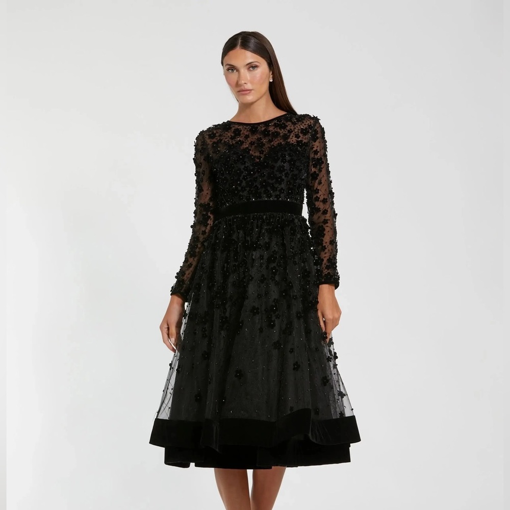 MAC DUGGAL Velvet Embellished Illusion Long Sleeve A-Line Midi Dress 6 NWT 67007
